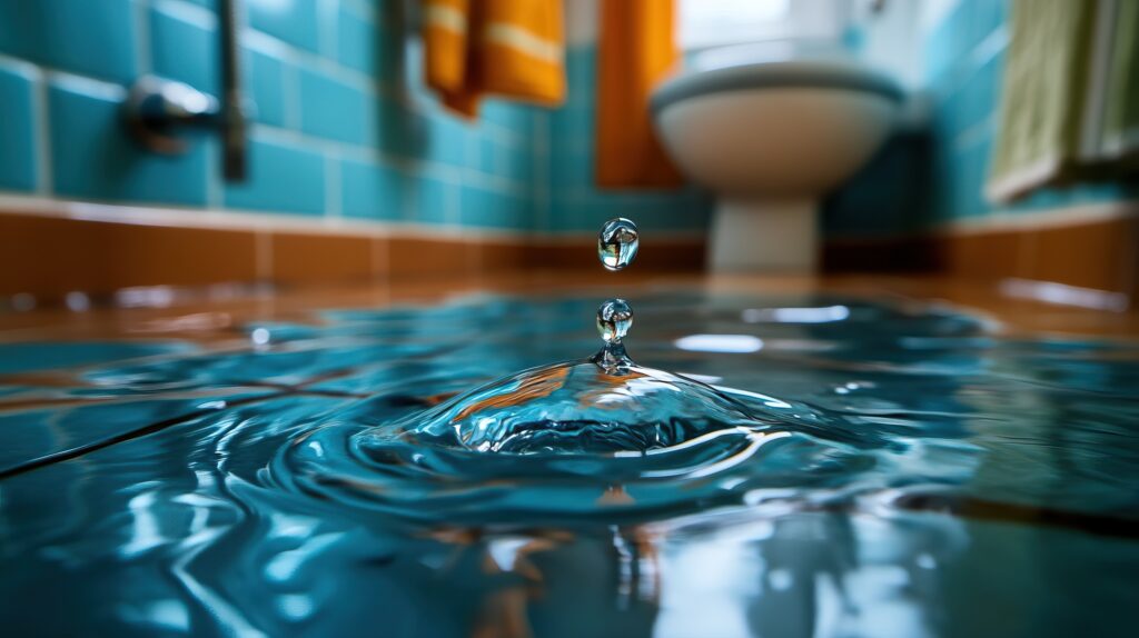 Close-up of a drop of water creating ripples on a flooded bathroom floor