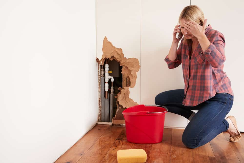 Frustrated female homeowner on the phone to an emergency plumber due to leaking pipes
